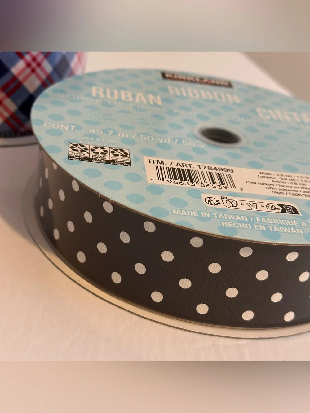 Kirkland Signature Wired-Edged Ribbon Blue Red Plaid Black White Dot 50 Yard New